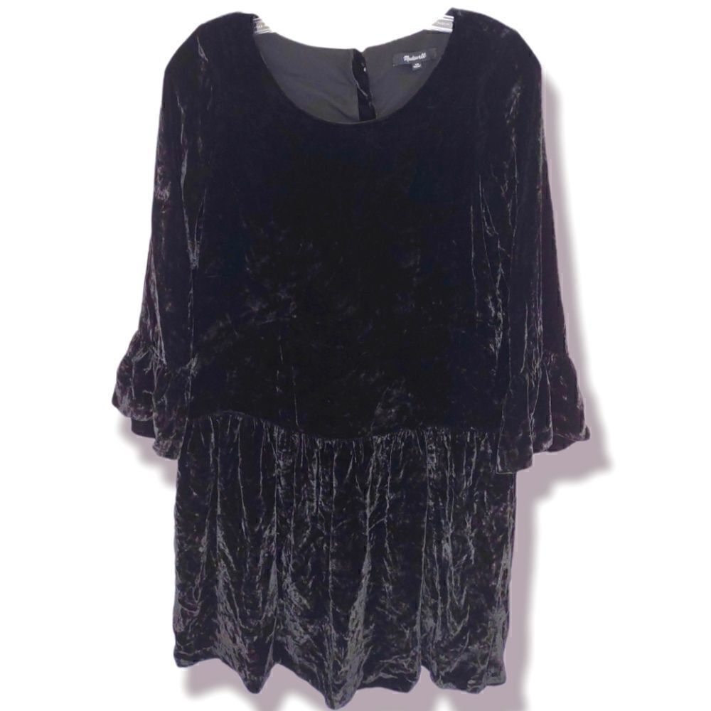 Madewell Black Dress Velvet Long Bell Sleeves Scoop Neck Drop Fit & Flare XS